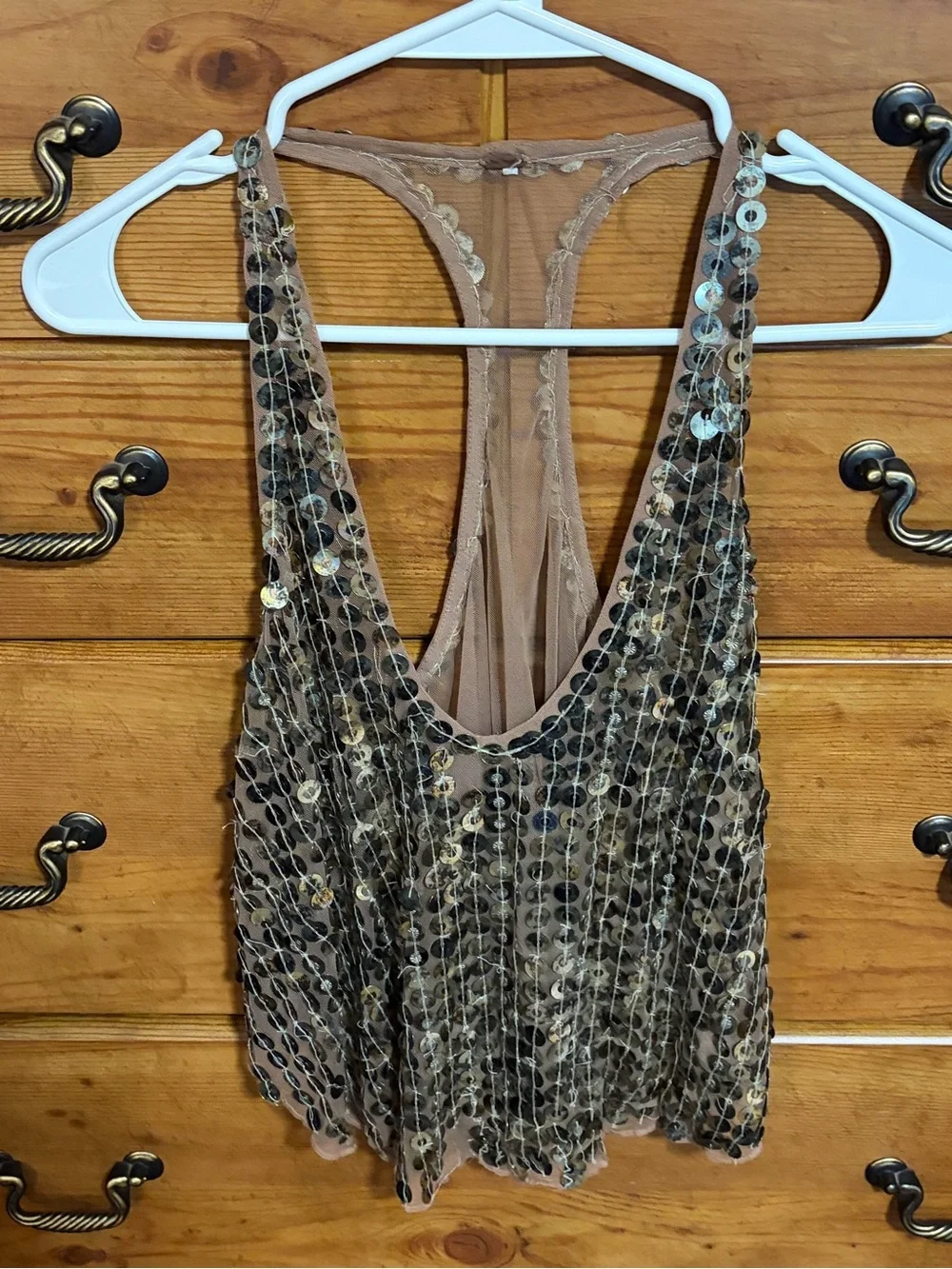 Free People Sequined Mesh Racerback Tank - Nude/Taupe